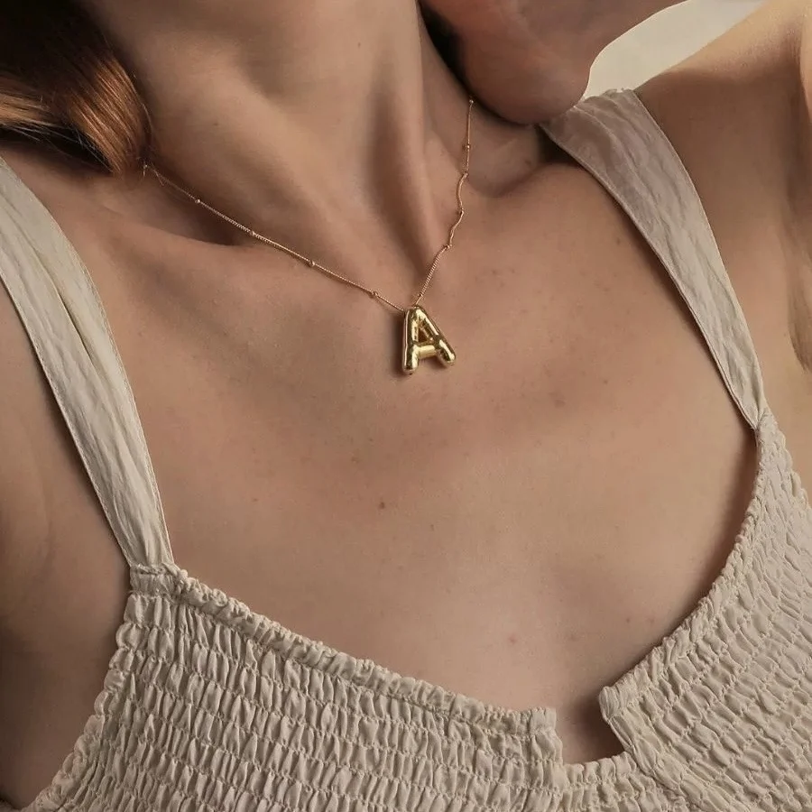 New Dainty Gold Plated Chunky Balloon Bubble Initial Letter Pendant Choker Necklaces for Women Custom Personalized Jewelry Gifts