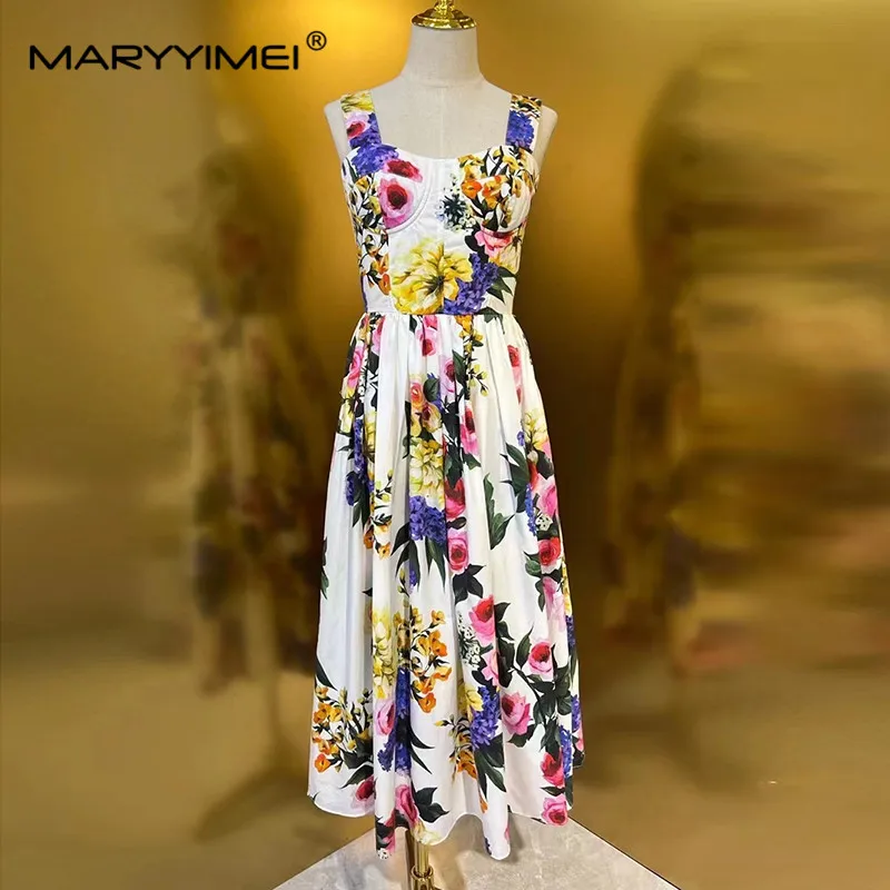 

MARYYIMEI New Fashion Women's Poplin Sexy Halter Dress Summer Sexy Elegant Chic Woven Cotton Print Slim Big Swing Dress