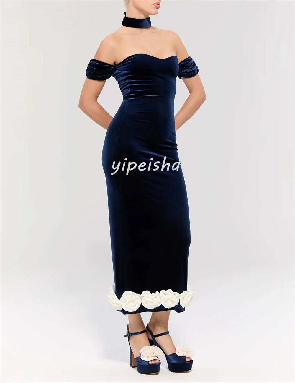 Изысканные повседневные велюровые плиссированные платья ручной работы с цветами, прямые платья миди с открытыми плечами, элегантные платья для особых случаев на заказ