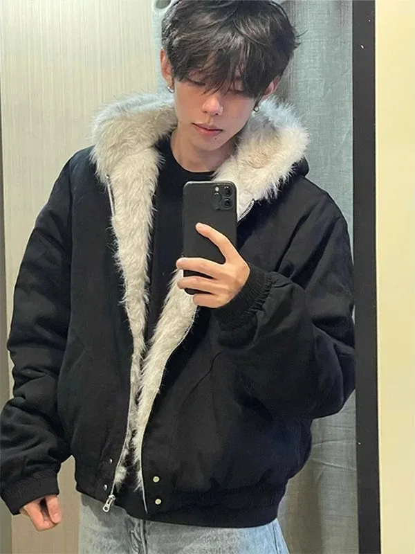 

American Sle Loose Fit Men's Cotton Jaet Autumn Winter Hooded Coat Fur Collar Trendy Design Thi Warm Youth Casual Wear