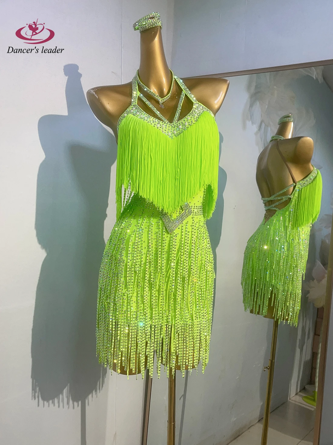 فستان نسائي لمسابقة الرقص اللاتيني عالي الجودة بخياطة شرابة خضراء مخصصة وتنورة ماسية وحجر الراين التانغو السامبا #4