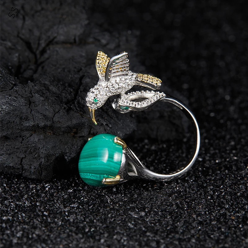 Unique Personality Open Ring Burst S925 Sterling Silver Inlaid Natural Malachite Gems Hummingbird Fashion Hand Finger Accesories