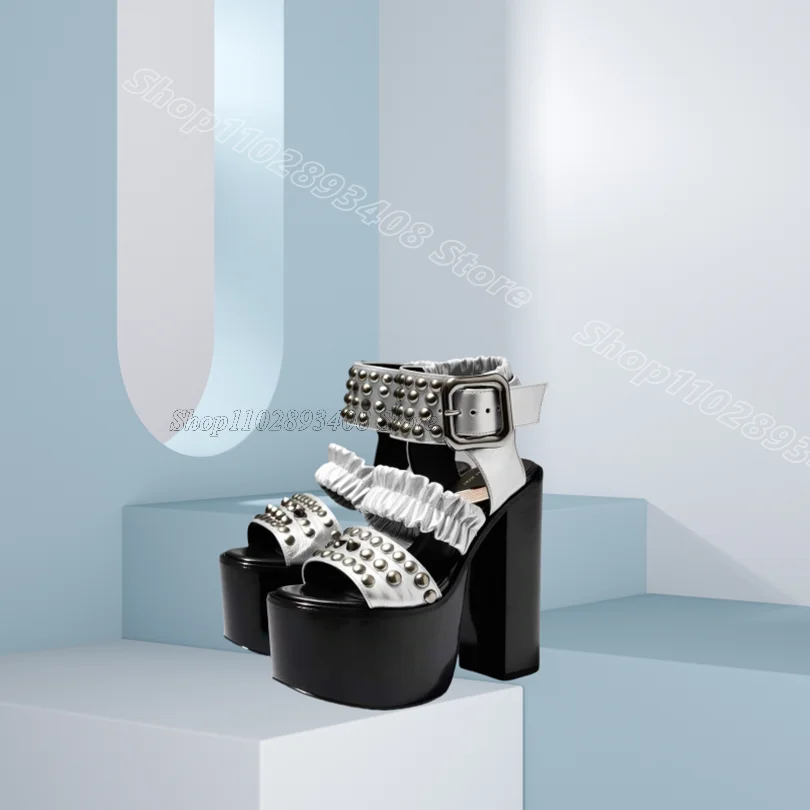 

Black Rivet Splicing Trim Sandals Platform Open Toe Square Buckle Women Chunky Heels Summer Fashion Shoes Zapatos Para Mujere