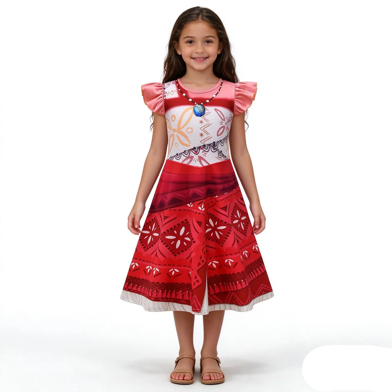 Girls Moanaes Princess Dress, Children Flutter Sleeve A-Line Costume Dress, Kids Halloween Birthday Party Cosplay Dresses
