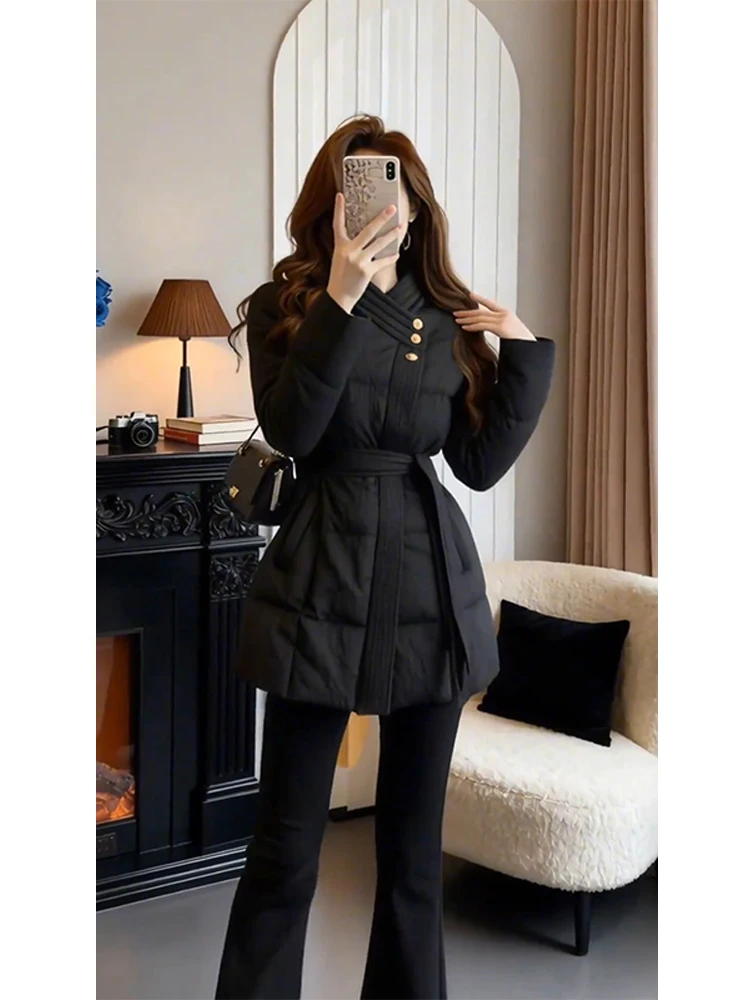 

Autumn Winter Women's Mid-Length Pure Color Warmth Cotton Jacket Small Fragrance Style Fashionable Outerwear Coat