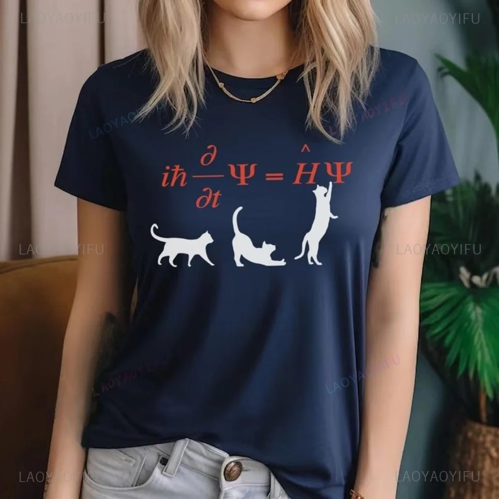 Quantum Mechanics and Cute Cat Equation Physics T Shirt Casual Fashion Loose Harajuku Hip Hop Man Tshirt Short Sleeve Women Tees
