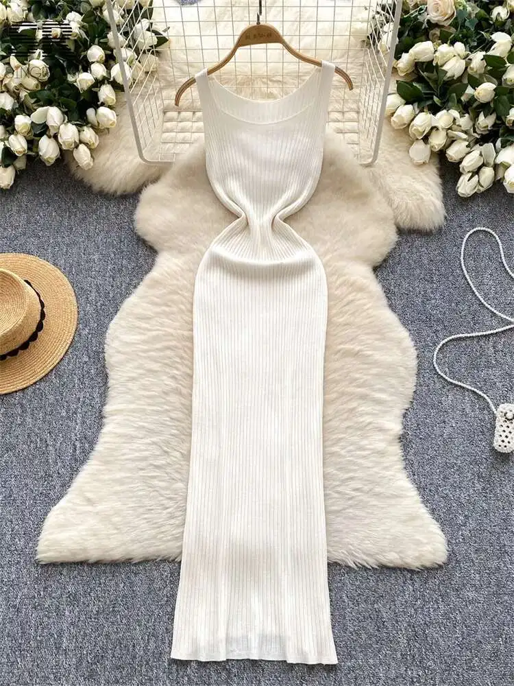 Babyoung sexy kniiting chique vestidos femininos sem mangas o pescoço bodycon sólido magro de alta qualidade elástico básico longo vestido tanque