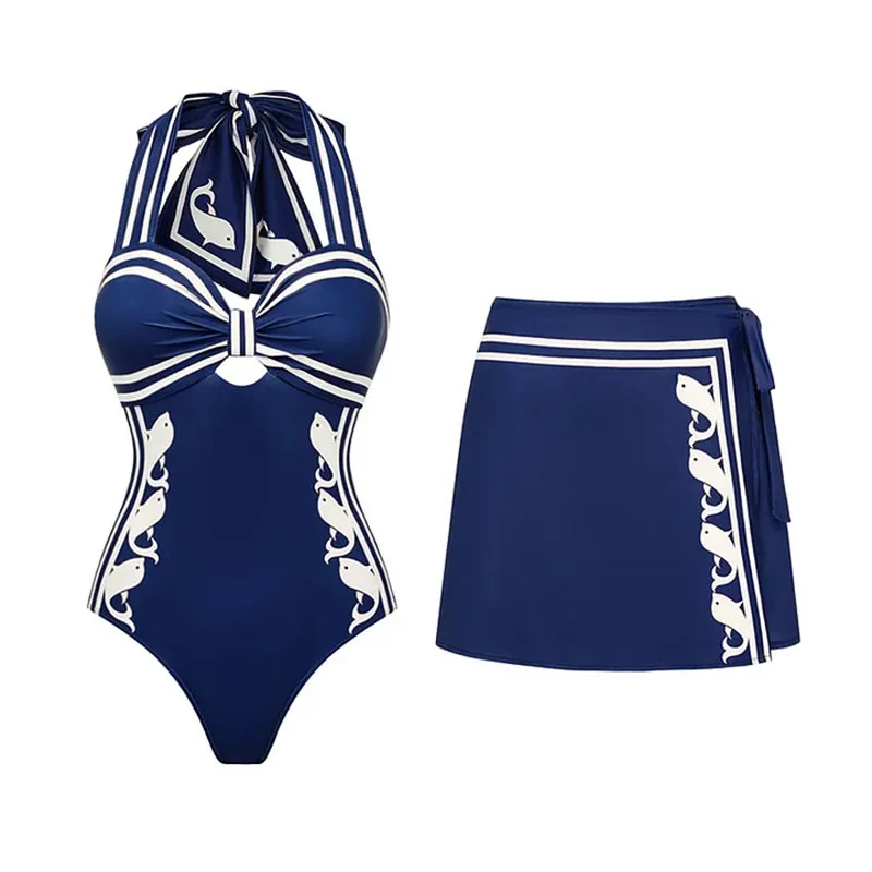 

Navy Blue Halter One-Piece Swimsuit Solid Color Women's Beachwear Stylish Swimwear for Vacation Ladies Fashionable Poolside Atti