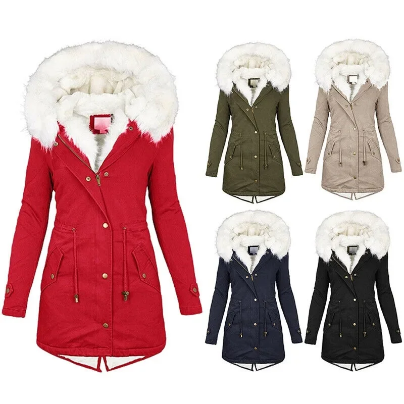 Womens Jacket Winter Warm Fleece Hooded Coat Medium Long Solid Color Faux Fur Zipper Windbreaker Jacket Parka Coats Outwear