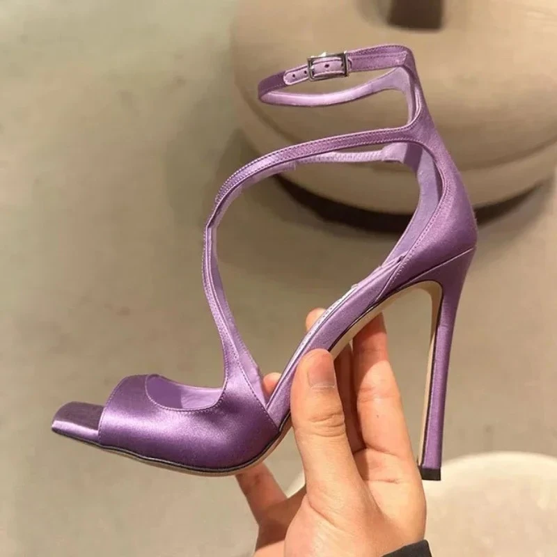 

Luxury Satin Thin Heeled Sandals Women Square Toe Ankle Strap Elegant High Heels Women Fashion Party Designer Pumps Dress Shoes