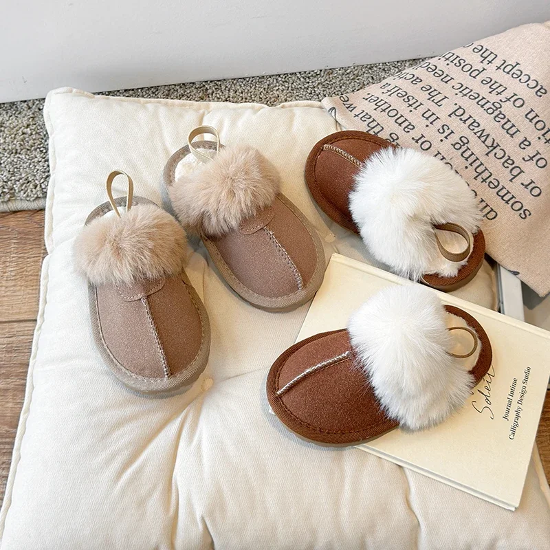 2-12 Years Old Children's Furry Slippers Outside Wear Padded Warm Boys Girls Cotton Shoes Soft Non-slip Kids Cotton Slippers