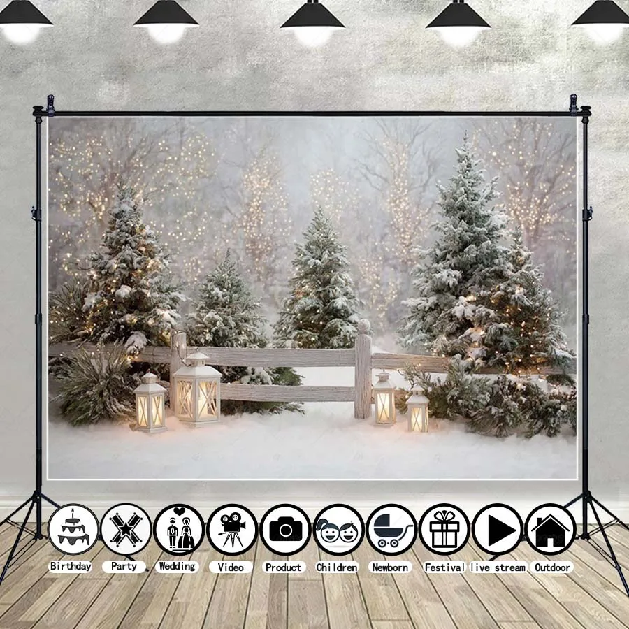 

MOON.QG Fence Xmas Trees Photography Background Candle Glitter Light Snow Backdrop Accessories Kids Party Shooting Props Poster