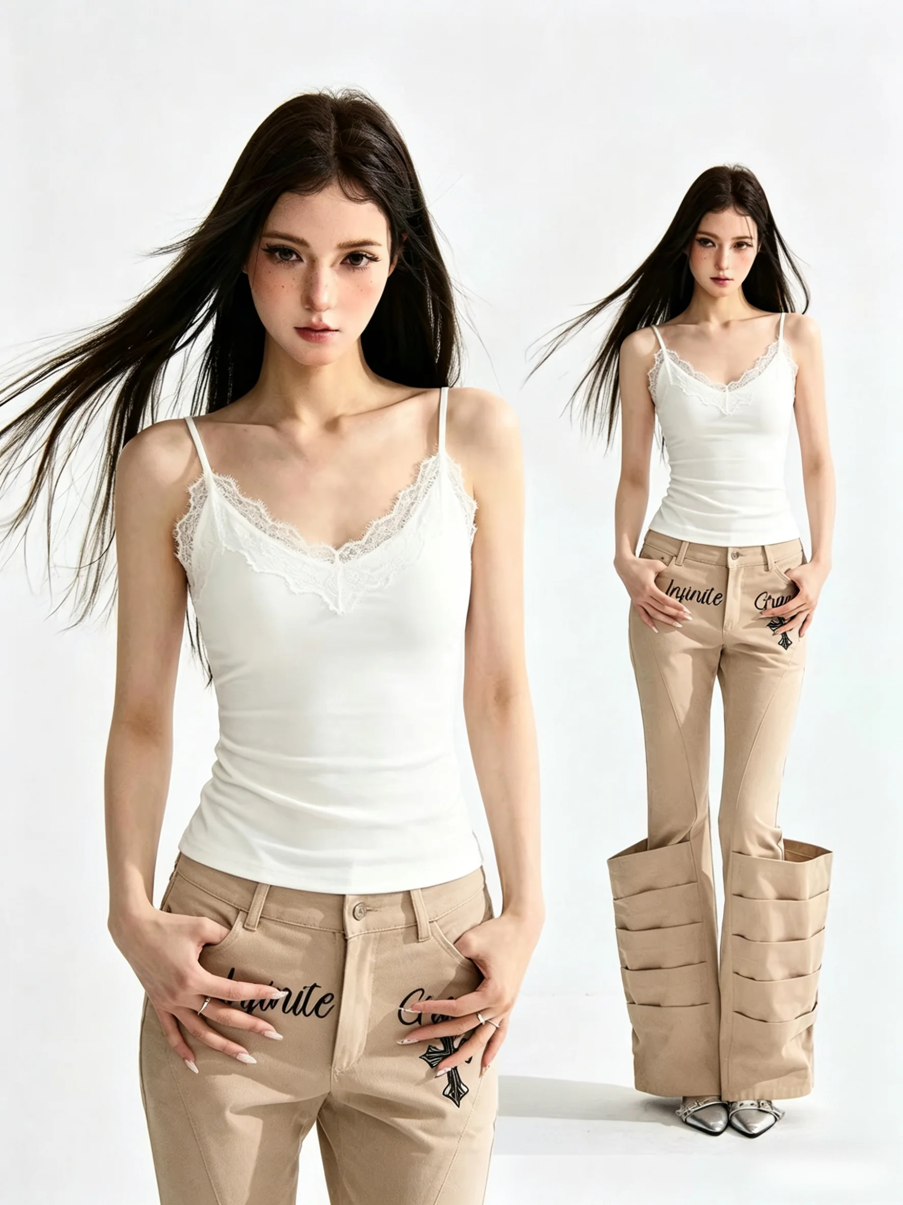 

White Lace Splice Strap Vest Women's Summer Large Size Slim Fit Sleeveless Base Shirt Cotton 95% Elastic Fiber 5%