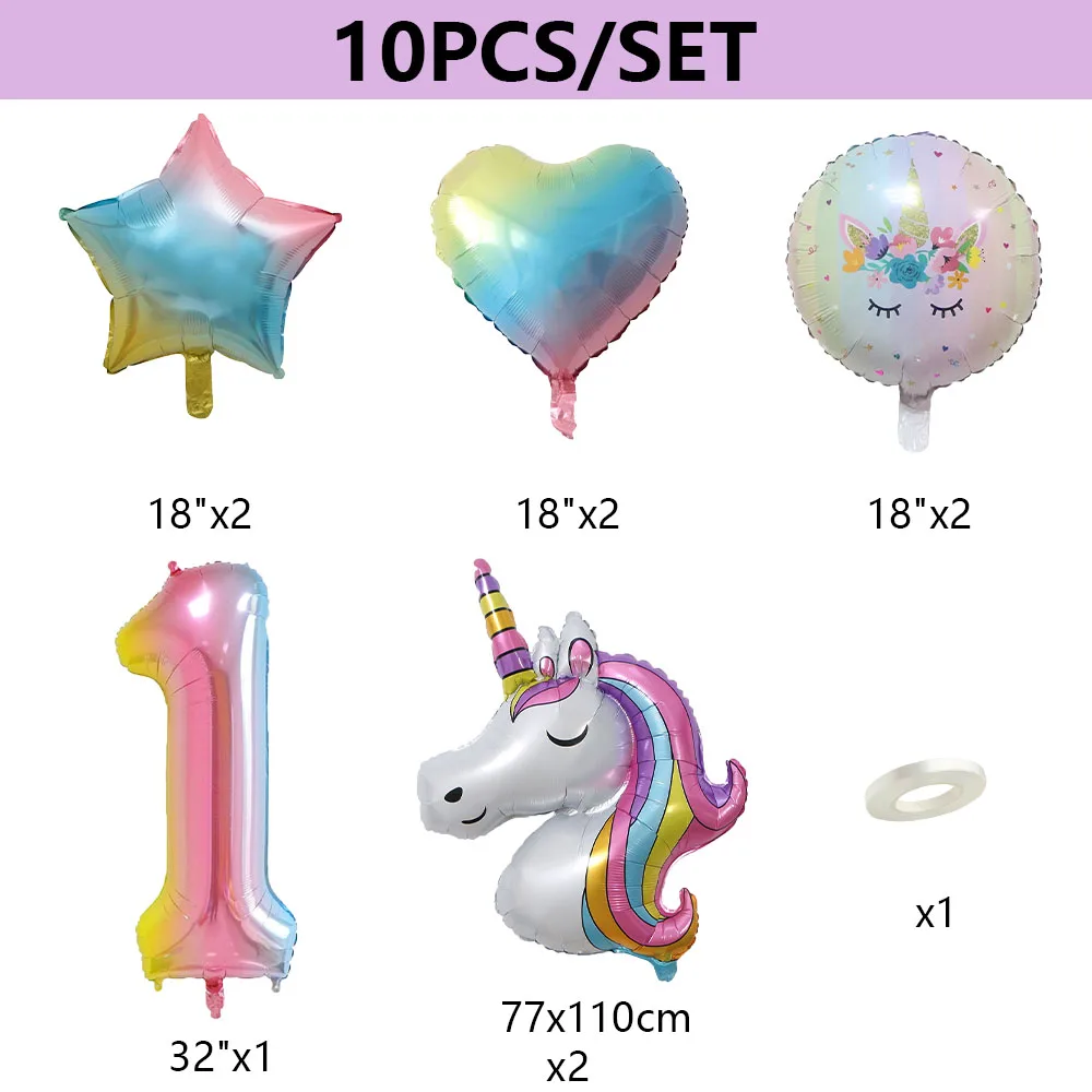 10pcs Unicorn Foil Balloons Set Digit 0-9 Macaron Rainbow Cloud Balloons Baby Shower Wedding Girls Birthday Party Decorations