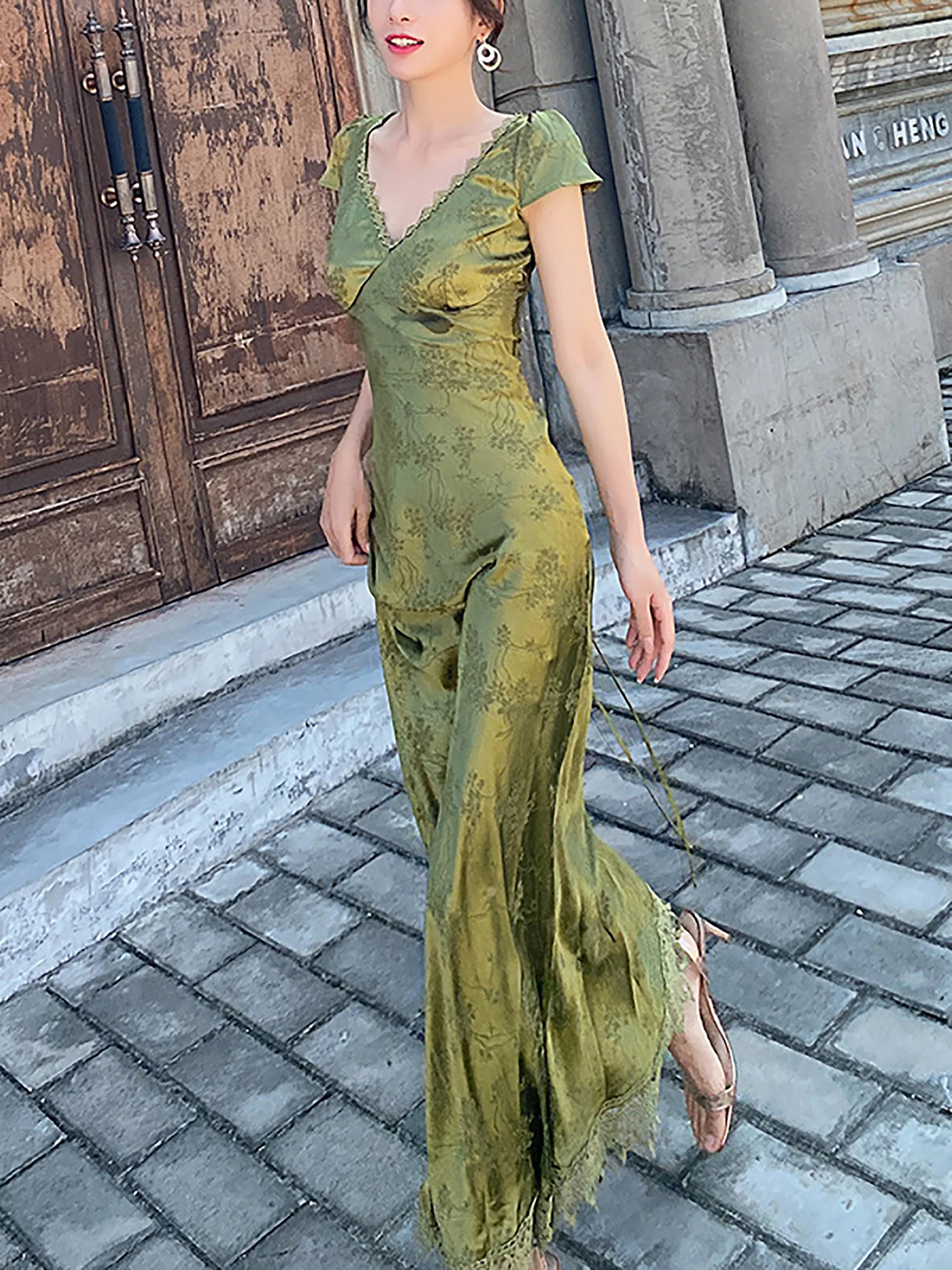 2024 New In Women\'s Long Dress Turquoise Green V-neck Backless Lace Satin Jacquard Waist Slim Chic Elegant Sexy Female Dresses