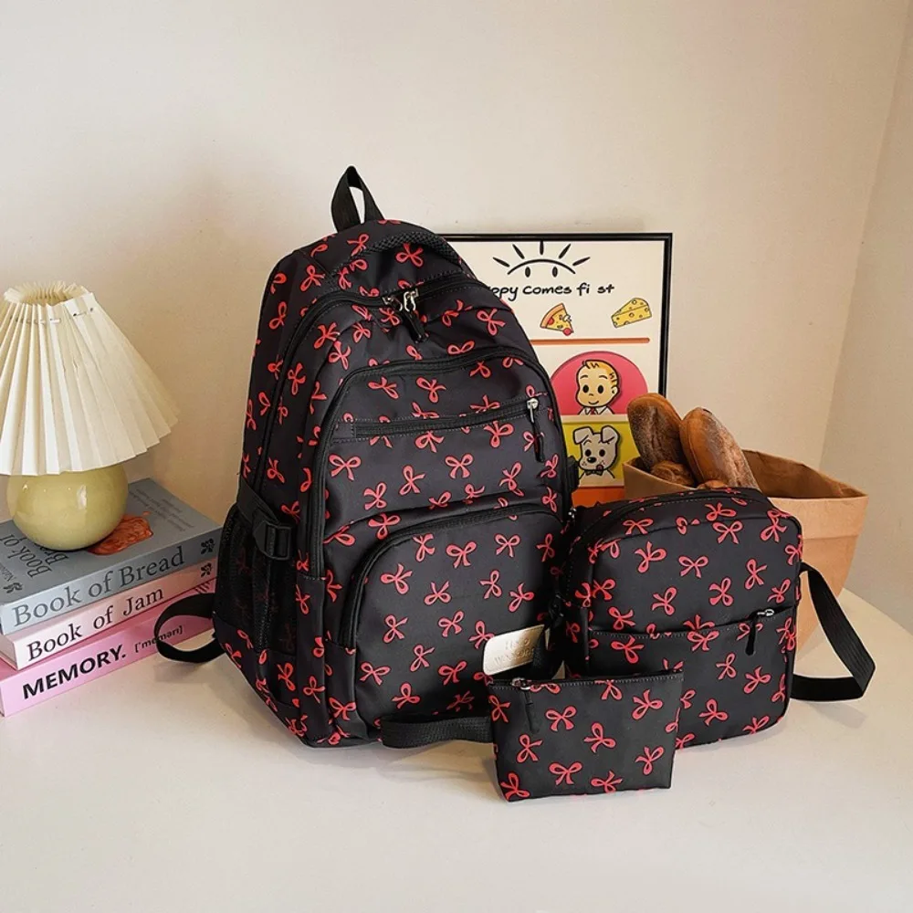 3 Pcs/Set Cute Large Capacity Bow Backpack Bow Print Nylon School Bag Adjustable Strap Student Backpack