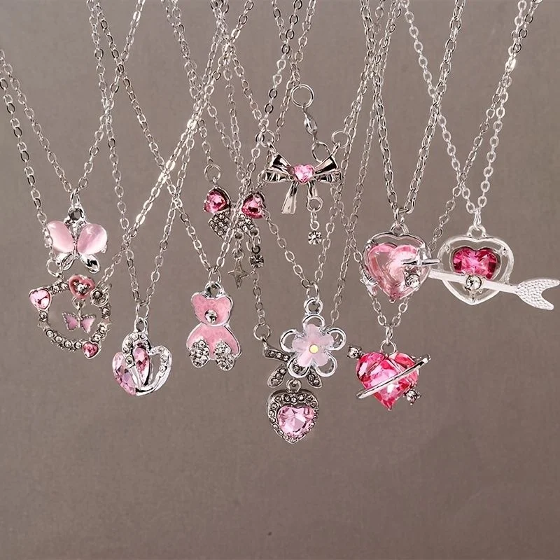 12 pieces pink heart-shaped necklace set Y2K bow bear flower arrow crystal rhinestone pendant silver chain stacked girl's jewelr