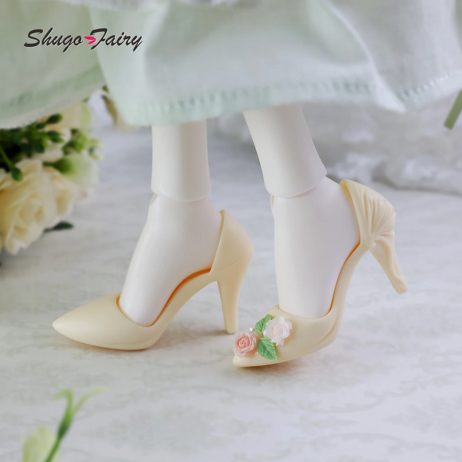 BJD Shoes 1/4 Handmade Resin Heels Shoes for 1/4 Dolls OOTD Decor Flowers  WX4-394 Elegant Doll Foot  Accessories ShugaFairy
