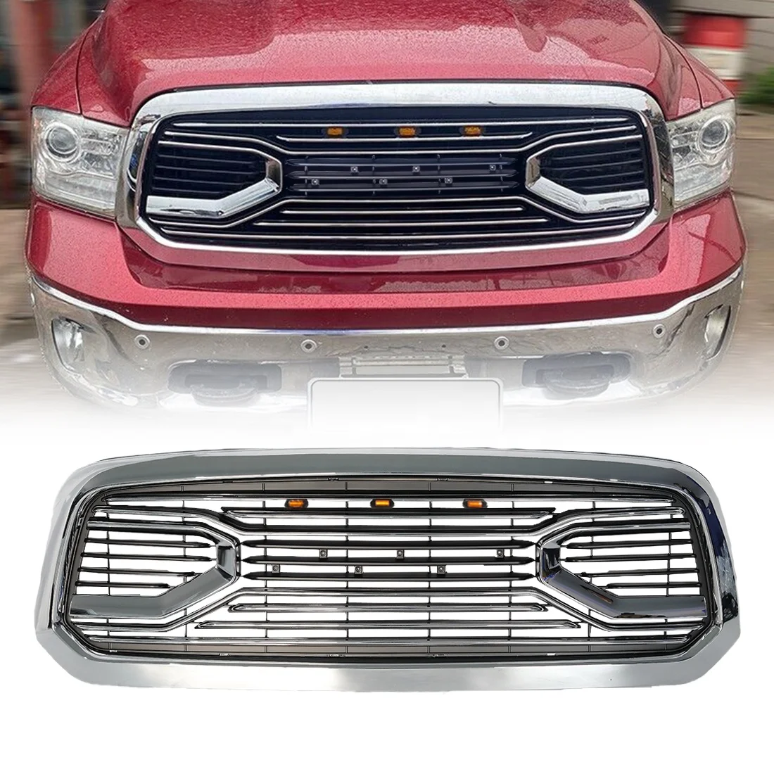 

Car Grills Chrome Grill Big Horn Style Front Grille With 3 Amber Lights Fit For Dodge Ram 1500 2013-2018 ABS