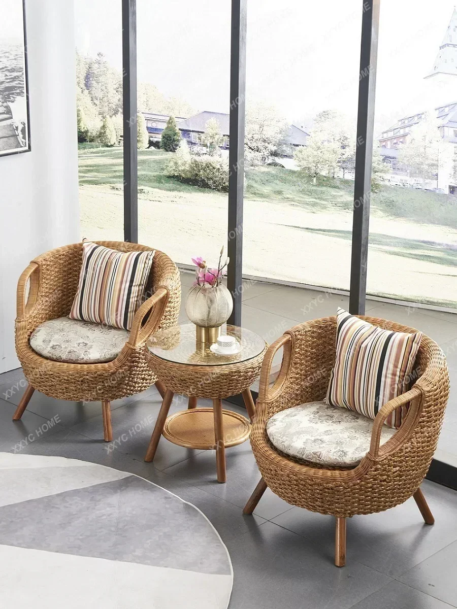 Balcony Table and Chair Solid Wood Armchair Rattan Tea Table Courtyard Outdoor Household Leisure Real Rattan Chair