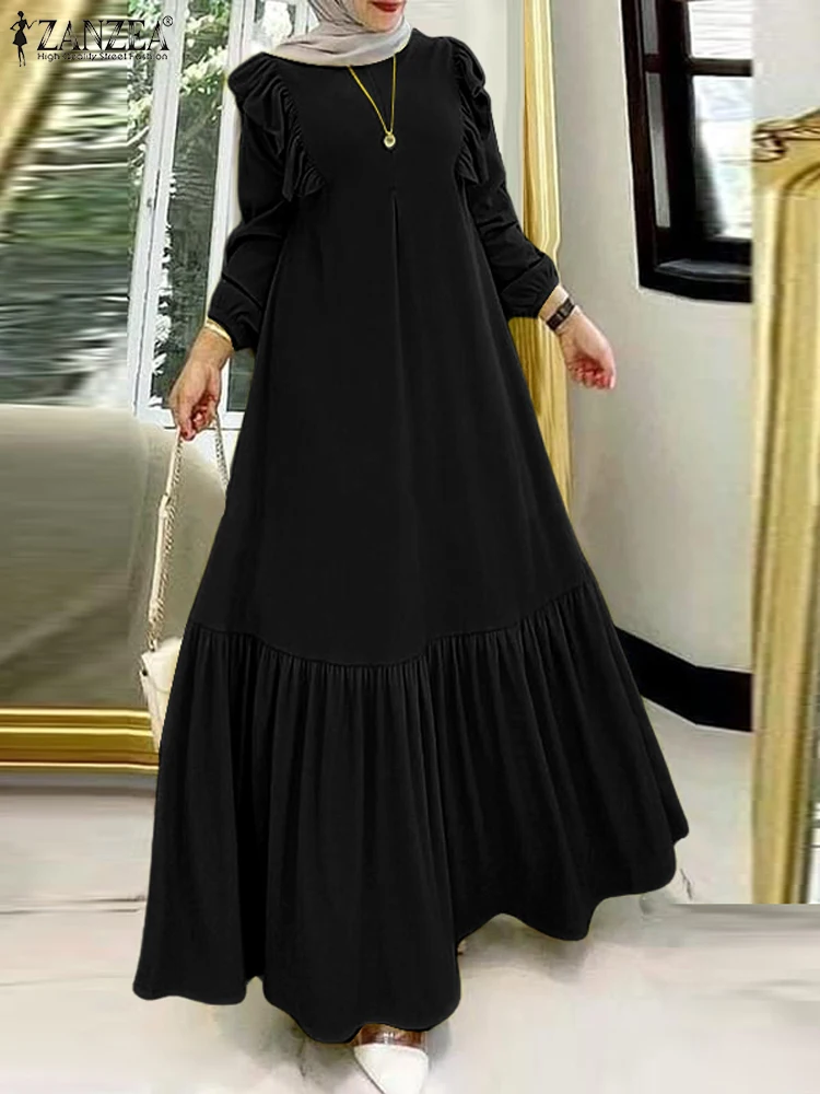 

2024 ZANZEA Fashion Women Casual Ruffles Hem Long Sleeve Sundress Islamic Clothing Muslim Dress Autumn Loose Abaya Hijab Vestido