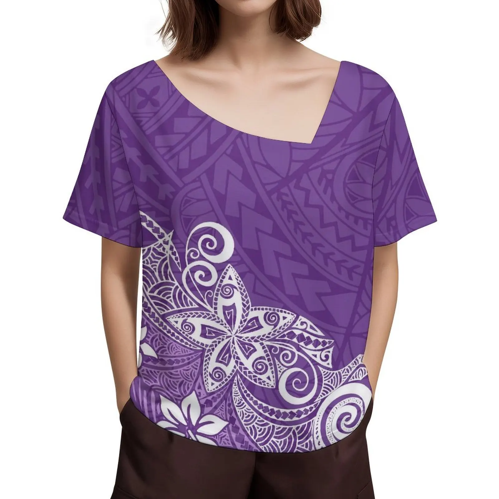 

Summer New Women'S Short Diagonal Collar Design T-Shirt Polynesian Tribal Women Custom Daily Home Casual Fashion Clothing