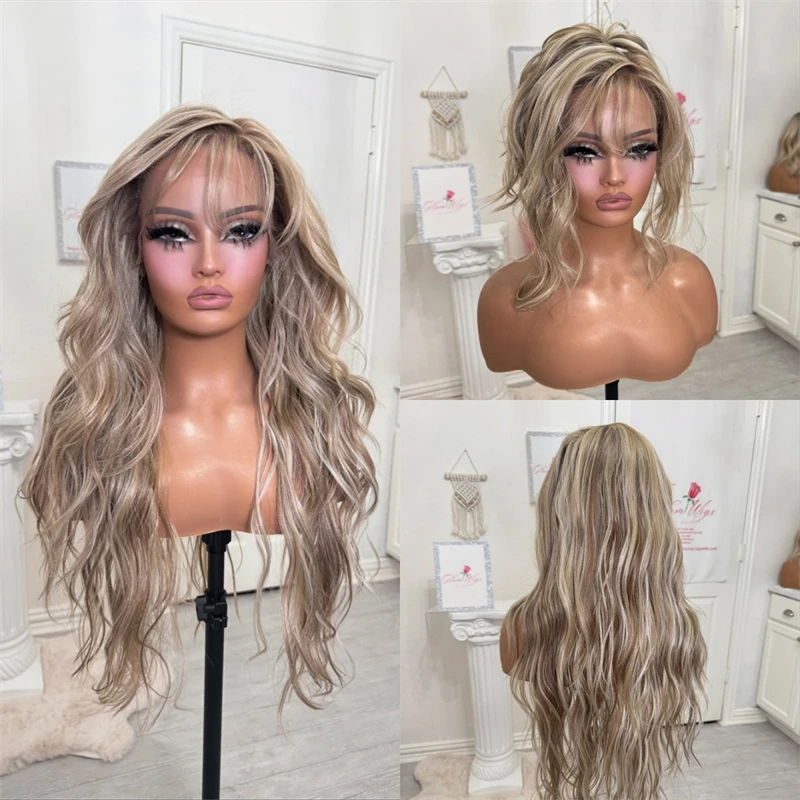 Party Cosplay Daily Wig Ombre Ash Blonde Wig with Bangs Middle Part Natural Looking Synthetic Heat Resistant Fiber Wigs 26 Inch