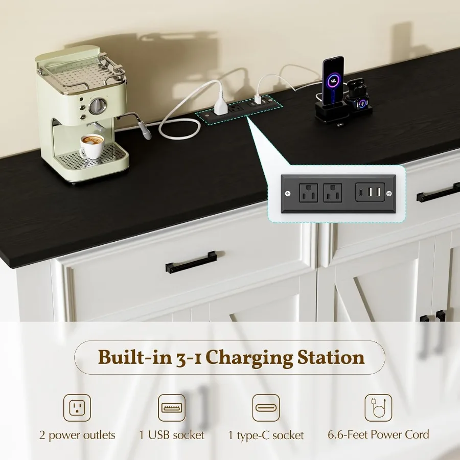 58 خزانة بوفيه جانبية للمزرعة الحديثة مع 4 أبواب و2 أدراج خزانة تخزين المطبخ مع أرفف قابلة للتعديل للقهوة #4