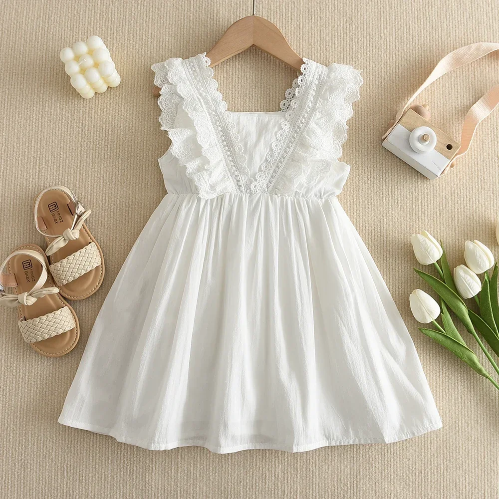 

White Korean Version Summer New Lace Dreamy Girl Princess Dress V-neck Sleeveless Children's Casual Clothes 2-7 Year Old