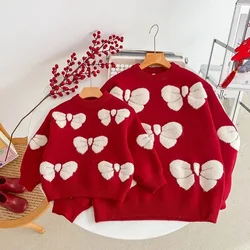 2024Christmas Family Bow Mom Daughter Red Sweater Long Sleeve Pullover Costume Kids Women Clothes Mother and Me Matching Knitted