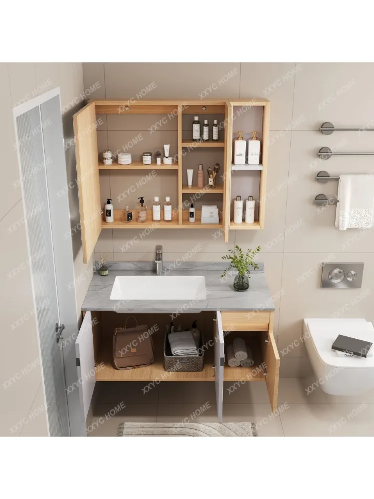 Bathroom Cabinet Multi-Layer Solid Wood Combination Stone Plate Non-Woven Ceramic Basin Bathroom