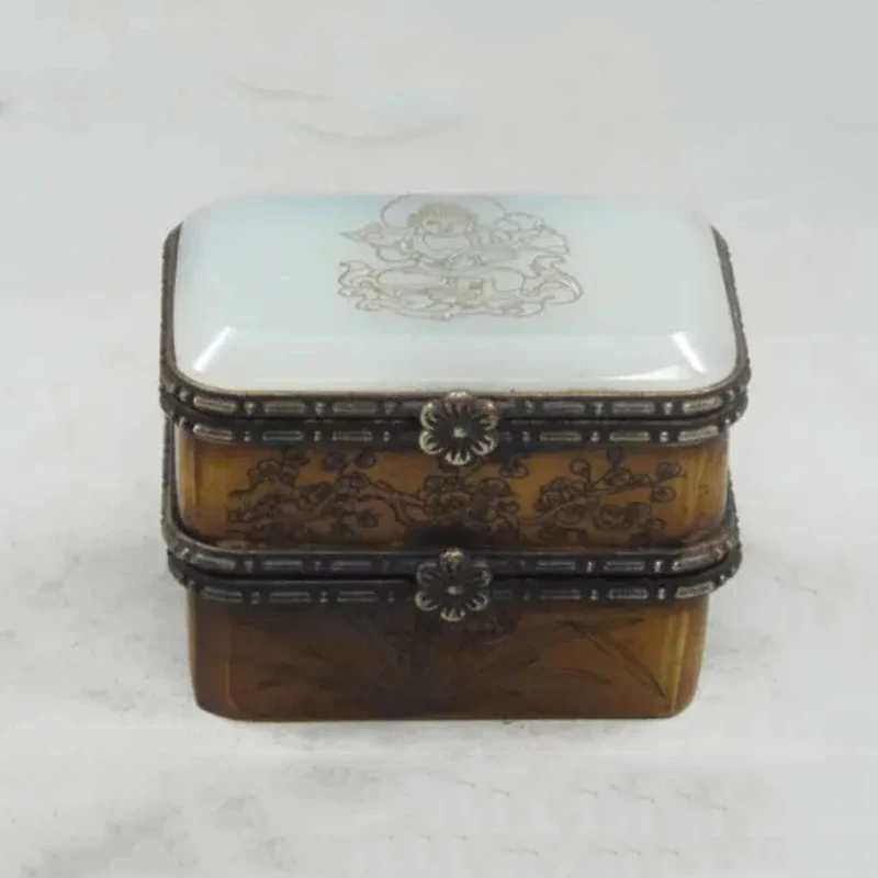 Vintage Handmade Old Artificial Bone Jade Buddha & Bird Double Jewelry Box