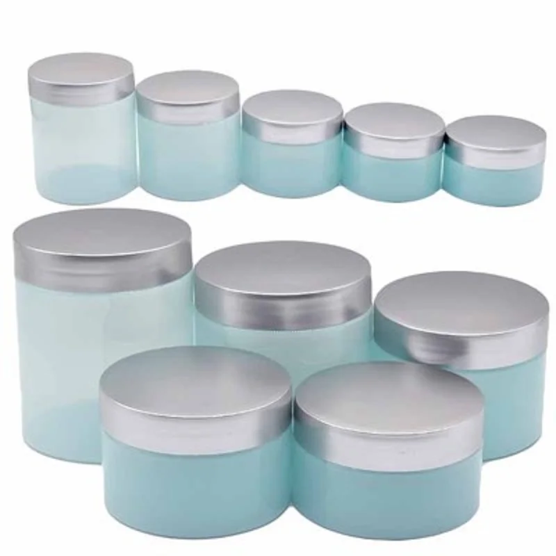 

20Pcs Refillable Empty Plastic Blue Bottle Jar Silver Cover With White Pad 100G 120G 150G 200G 250G Portable Packing Container