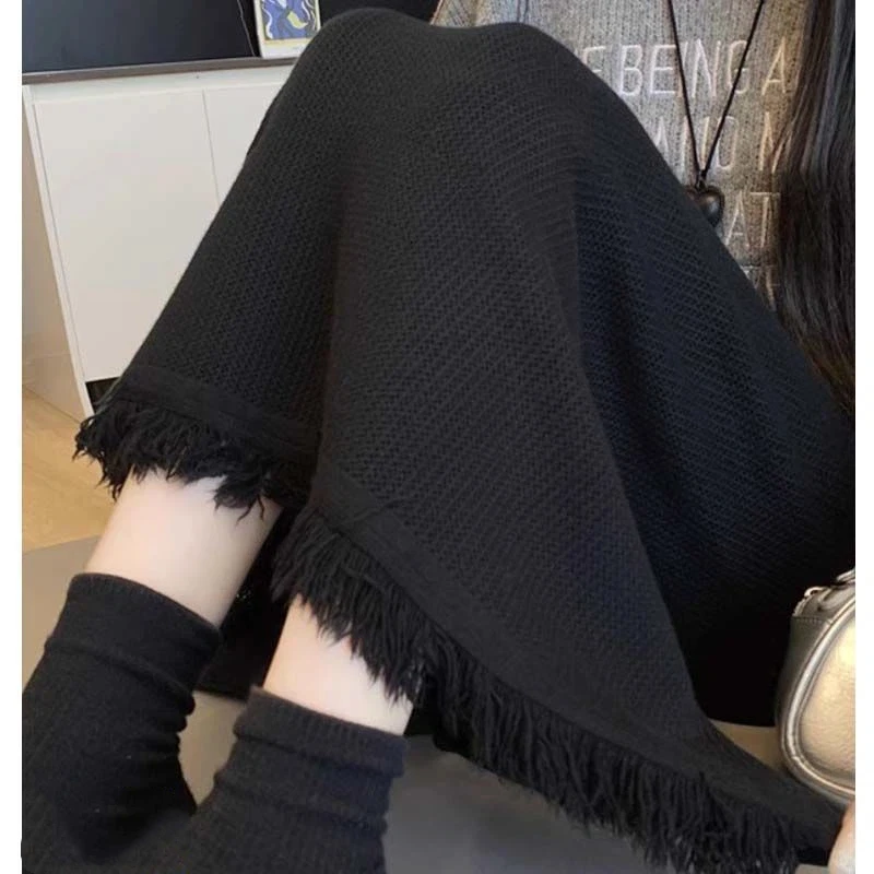 Women Fleece Lined Knit Midi Skirt Tassel Hem Slit Wrap Hip Package Warm Winter Match Coat Skirt