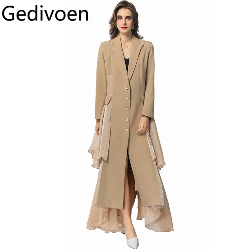 Gedivoen Elegant Autumn/Winter Fashion Coat Women's Long-sleeve Single-Breasted Flounced Edge Vintage Solid Color S-3XL Overcoat