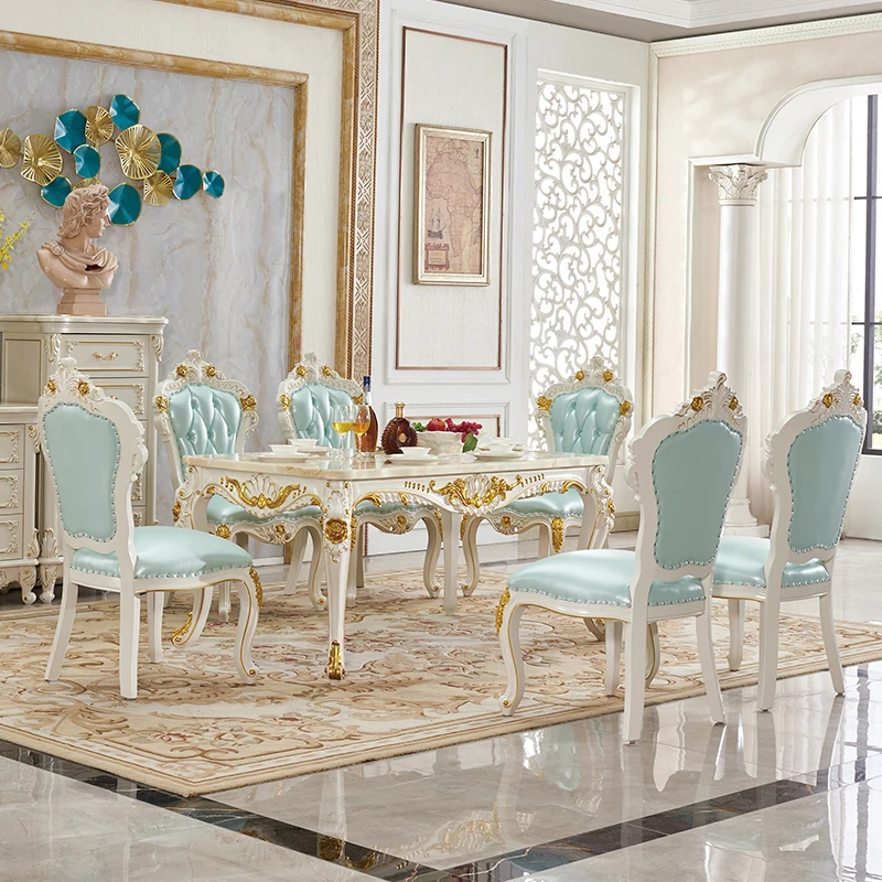 European style marble dining table and chair combination full solid wood carved dining table villa small unit restaurant