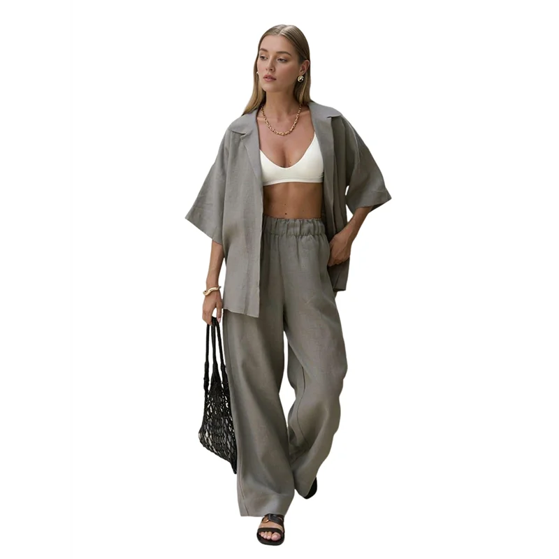 

A18P-женские комплекты из двух предметов, однотонные льняные брюки с длинными рукавами, костюм, рубашка, спортивный костюм с широкими штанинами, повседневные прямые брюки