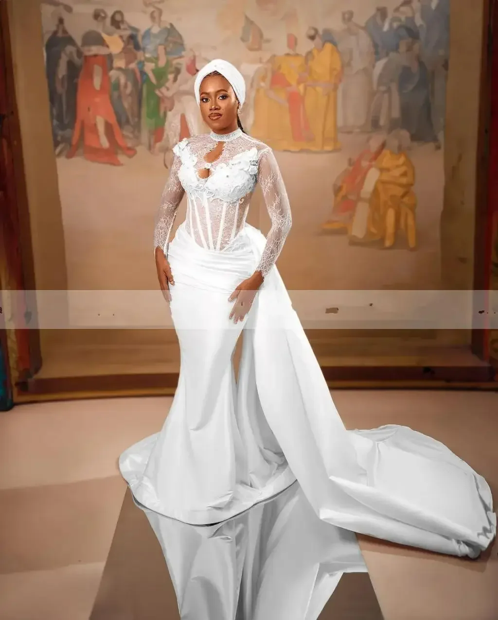 Customized Sexy High Neck See Through Aso Ebi White Mermaid Wedding Dresses With Overskirt Vestido De Festas Longo Casamento Br