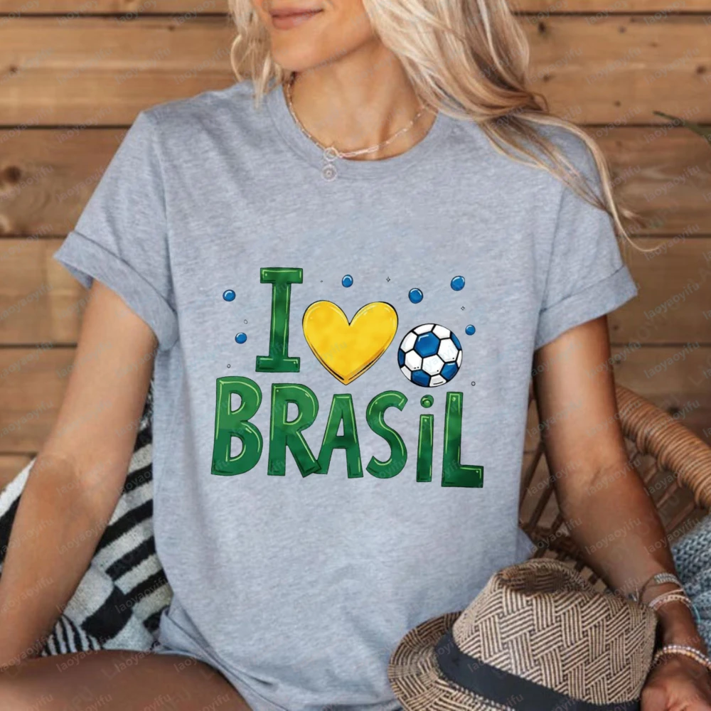 

I Love Brasil Soccer Unisex Tee Cartoon Heart Soccer Ball Graphic Tops Classic Fashion Streetwear Clothes for Women Men's Shirts