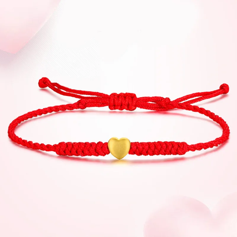 LABB 999 Pure Gold Heart Bracelet 3D Hard Gold Valentine's Day Gift for Couples Hand Rope Boutique Jewelry B0049