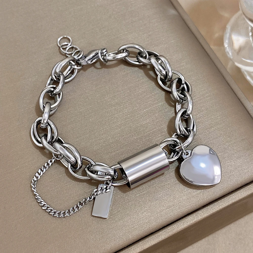 Pulseras gruesas Punk de acero inoxidable para mujer, cadena gruesa de Color dorado, diseño de moda, colgante de corazón y amor, regalo de joyería