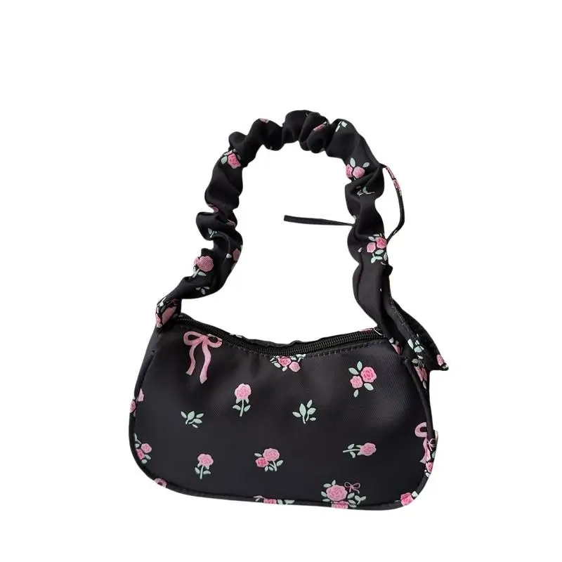 Floral Print Underarm Shoulder Bag Retro Lightweight Small Casual Purse for Female Students Campus Daily Use