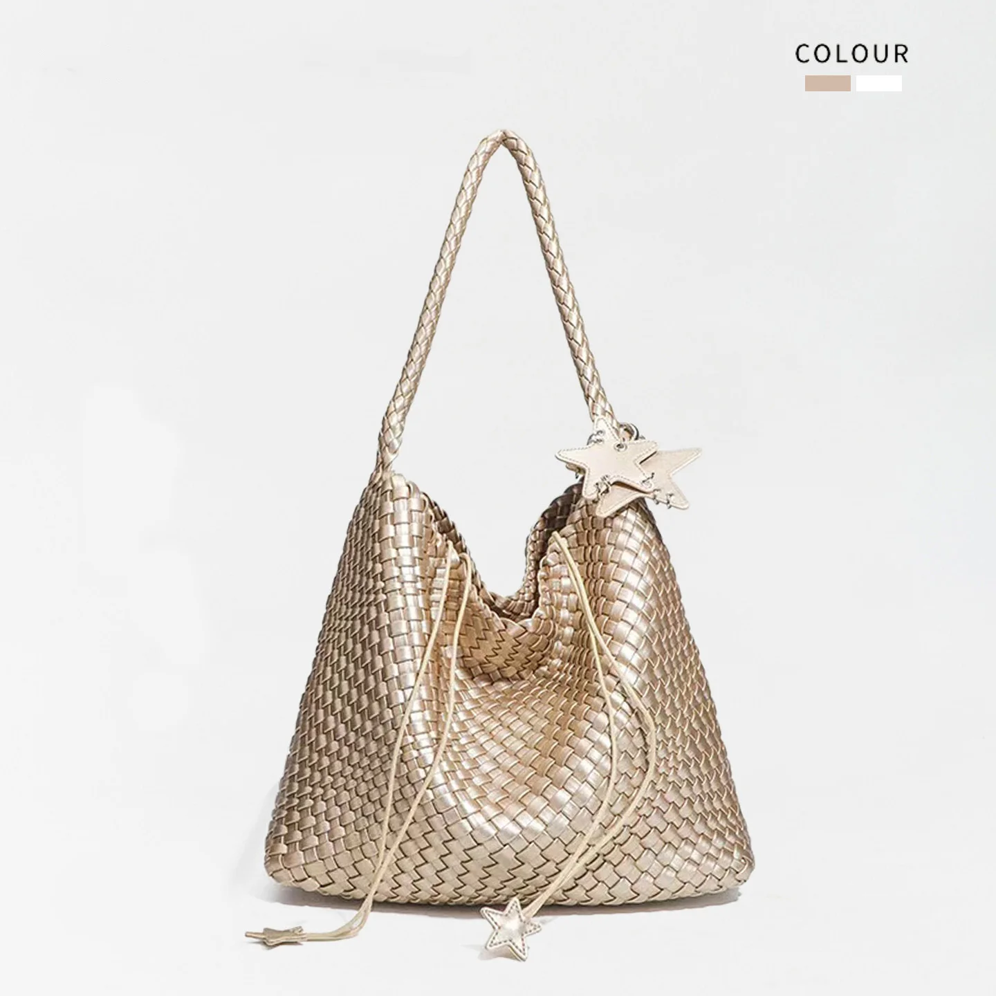 champagne-woven-large-capacity-women's-tote-bag-commuter-handbag-single-shoulder-bucket-bag-casual-simple-style-pu-leather