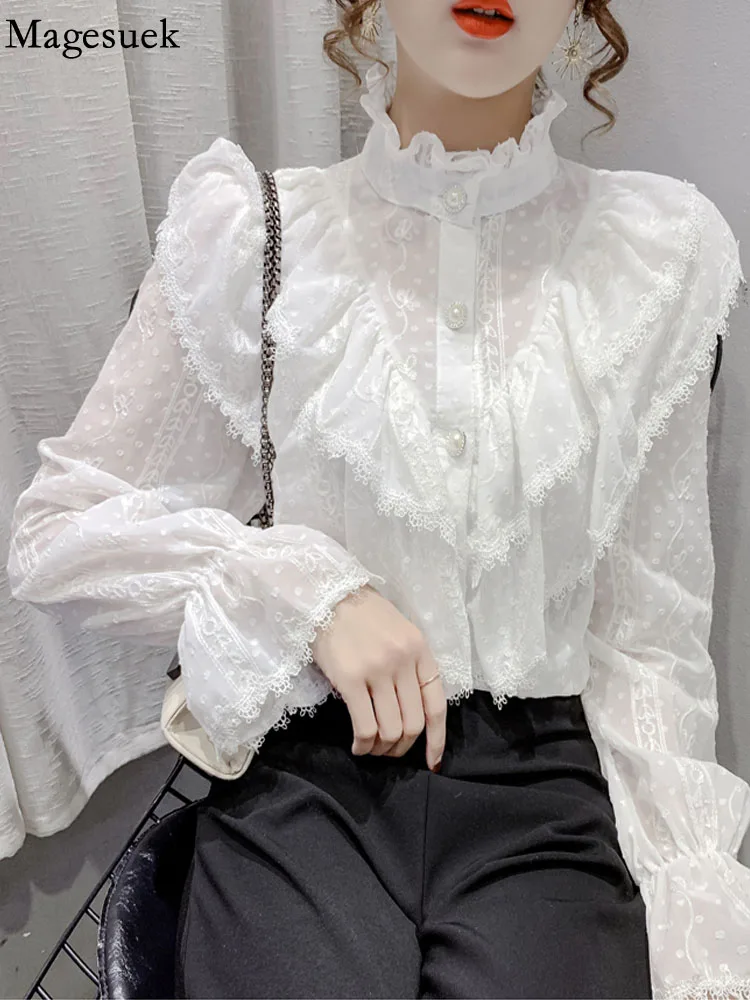 Fashion Elegant Lace Ruffle Women Blouse Long Sleeve Loose Chiffon Shirts Korean Style Stand Collar Pleated Tops 15832