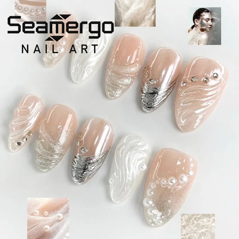 24PCS Nude 3D Water Wave Pearl Almond False Nails Shiny Silver Gradient Elegant French Press on Nails Full Cover Acrylic Nails