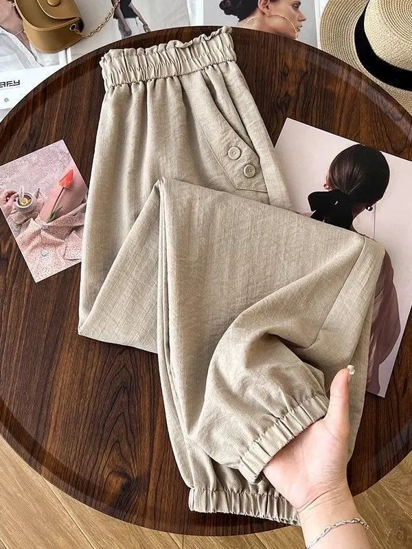 

Cool Ice Silk Hemp Nine-Piece Pants Women's Elastic Waist Casual Trousers High Waist Slimming Harlan Carrot Pants