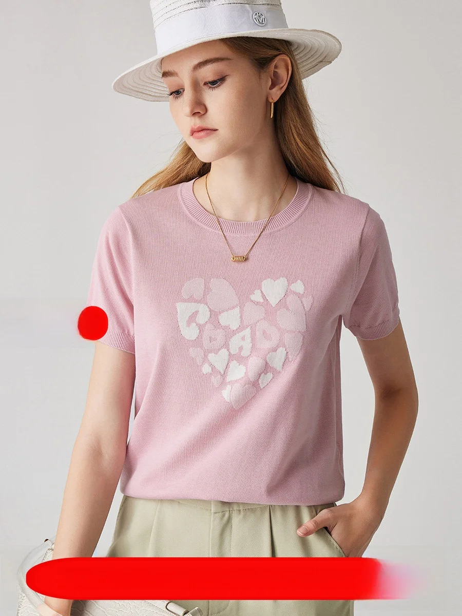 

Женская трикотажная футболка Miaowei с коротким рукавом, облегающая, с круглым вырезом и узором в виде сердец, летняя новинка, легкая базовая модель