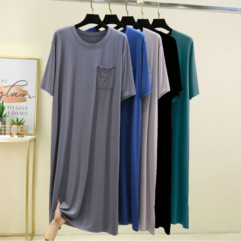 Modal Men's Nightgown Solid Sleepwear Plus Size Bathrobe Loose Short Sleeved Morning Gown Jumpsuit Mid Length Pajama Shower Robe