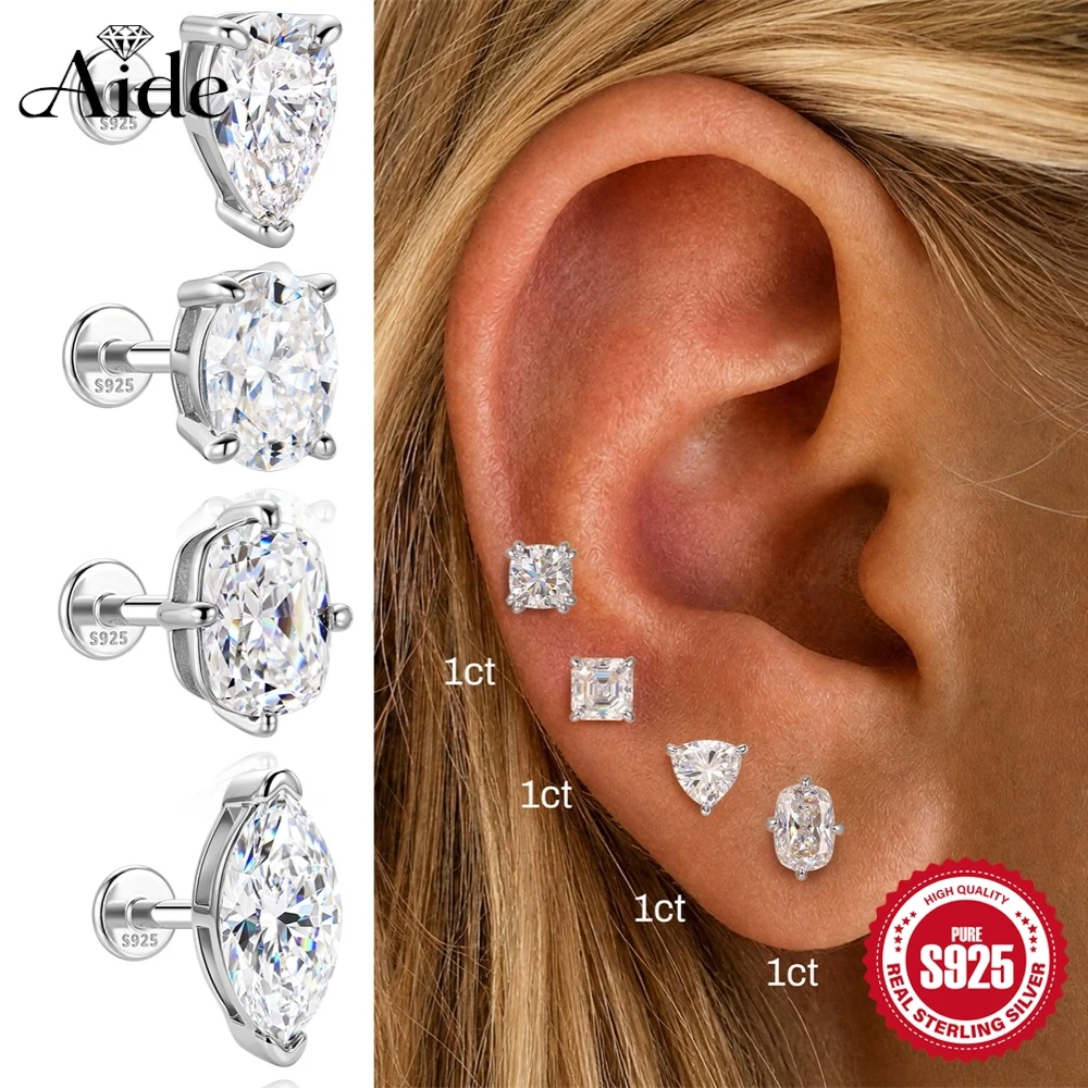 AIDE 925 Sterling Silver Classic Moissanite Flat Back Piercing Earring for Women 1 Carat Geometric Shape Wedding Bridal Jewelry
