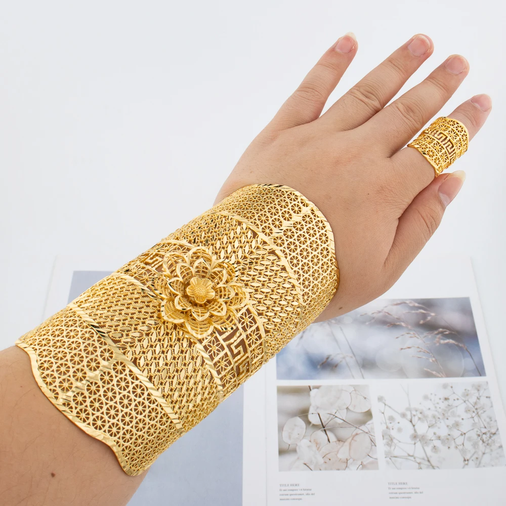 Gold Plated Cuff Bracelet With Ring Female Dubai Gold Color Bangles For Women Luxury Dubai Anniversary Gift Jewelry Accessories